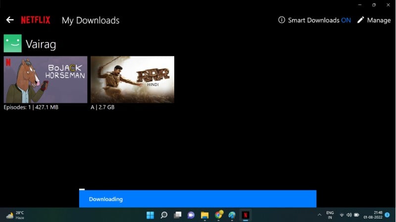 Windows 앱 내 다운로드 목록 예시
