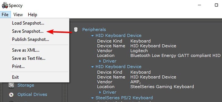 Экспорт отчёта в Speccy — пункт меню File и опции Save Snapshot и Publish Snapshot
