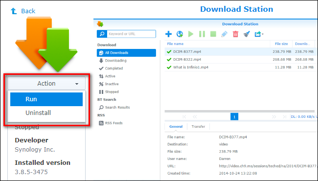 Кнопка Запустить в меню Действие для перезапуска пакета