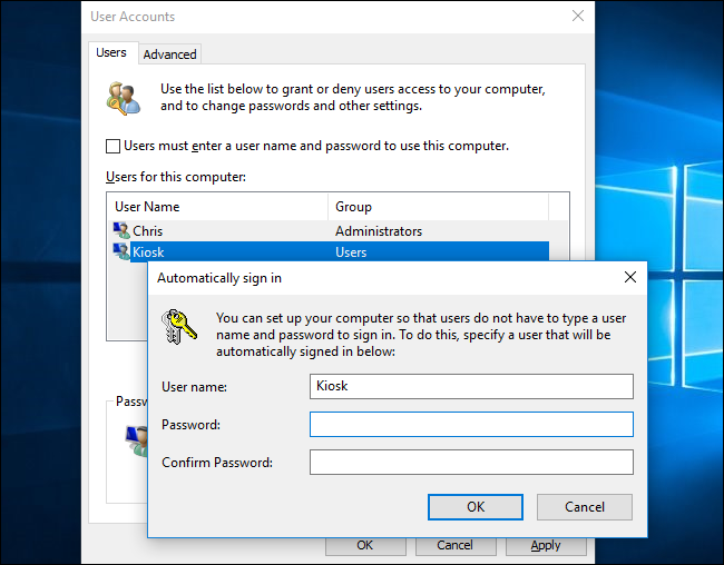 Диалог netplwiz для автоматического входа