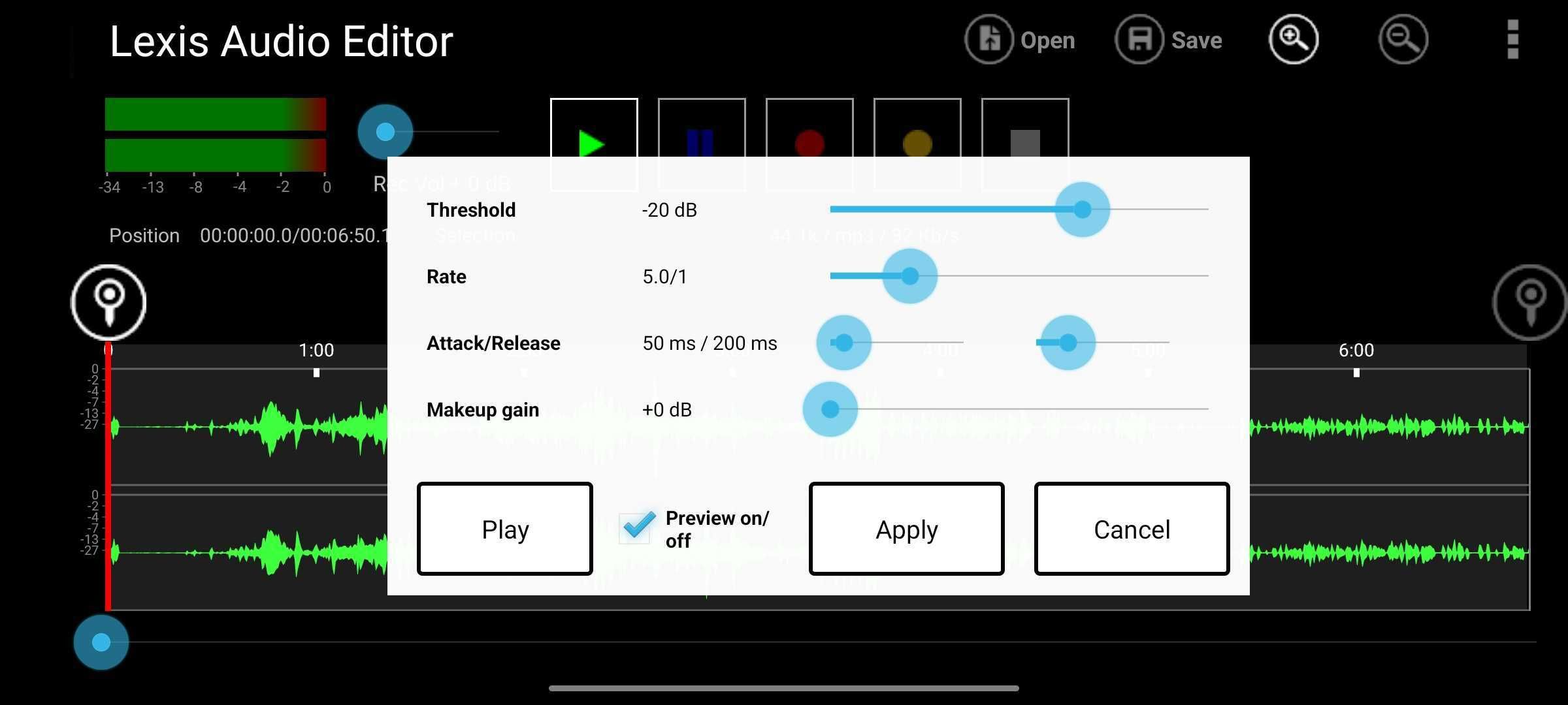 Опции компрессии в Lexis Audio Editor