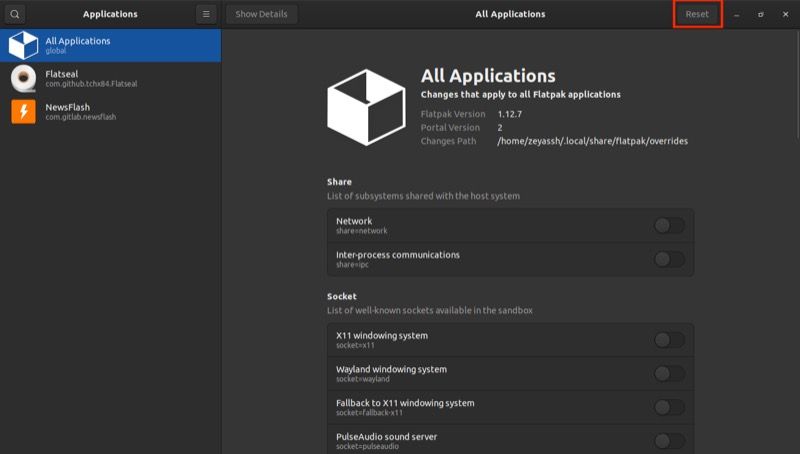 Кнопка «Сброс» разрешений в Flatseal
