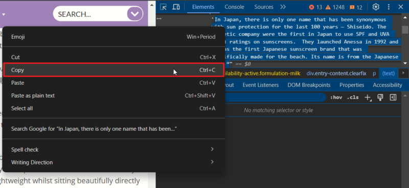 Копирование текста через Инспект в Chrome