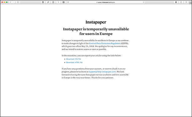 Сообщение Instapaper о временной недоступности в ЕС