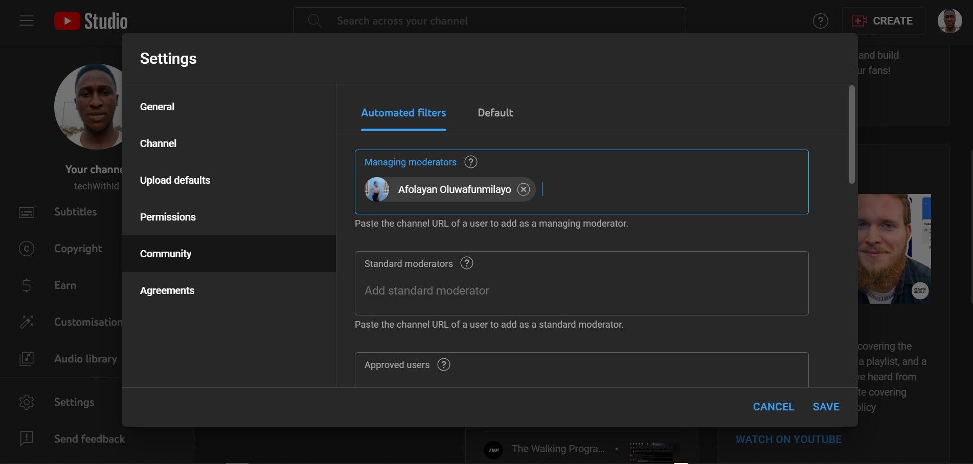 Настройки модераторов YouTube Studio