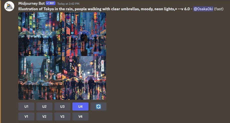 Набор из четырёх изображений Midjourney: Токио под дождём