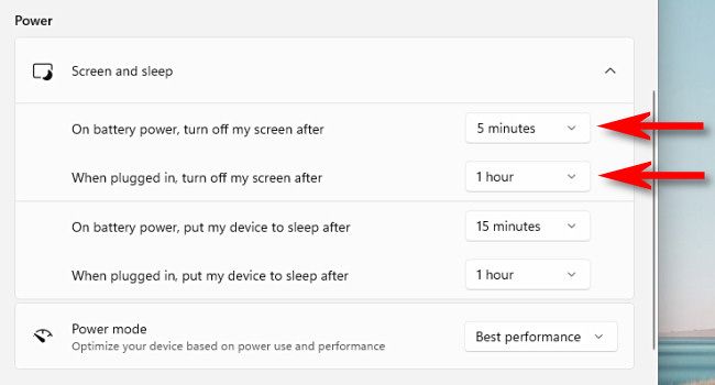 Выбор времени отключения экрана через выпадающие меню.