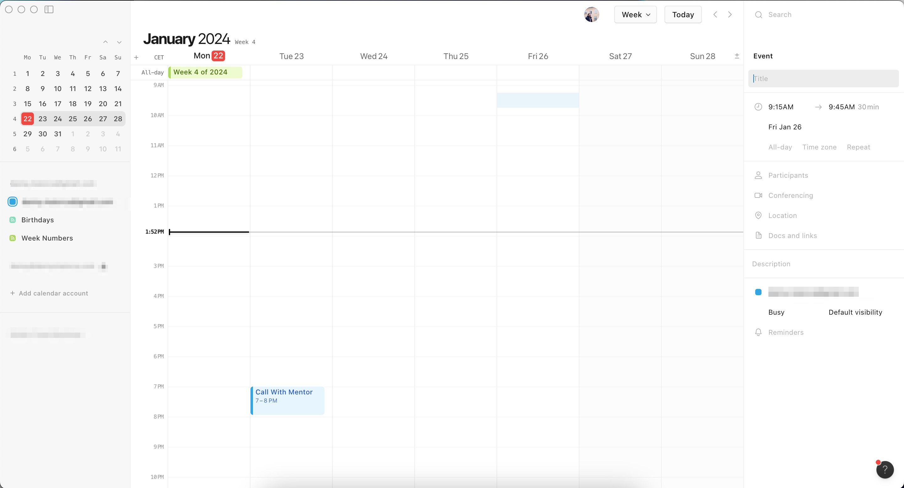 Опция добавления нового события в Notion Calendar