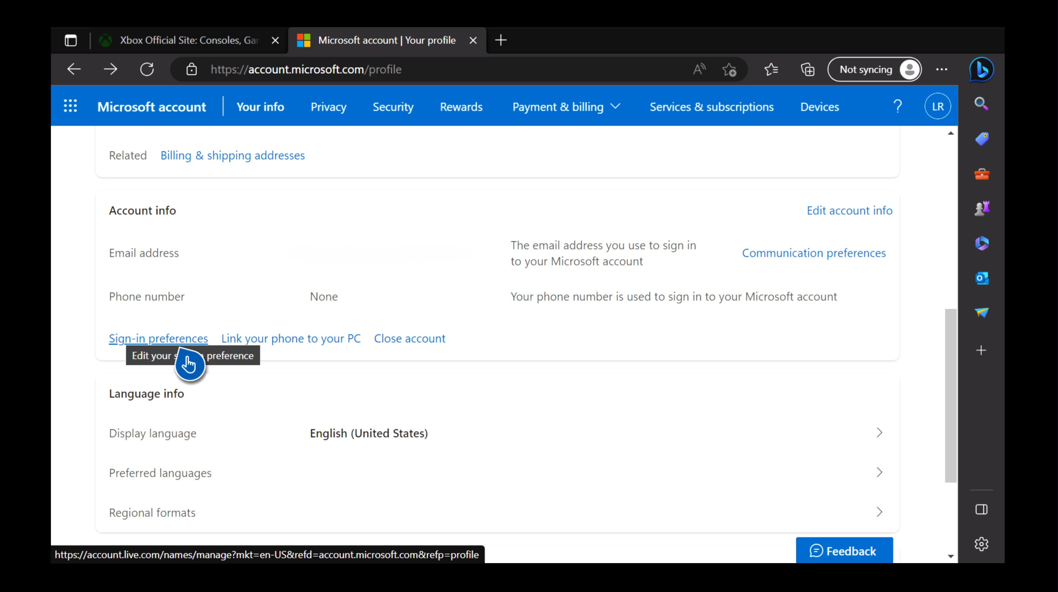 Параметры входа в Microsoft на Xbox