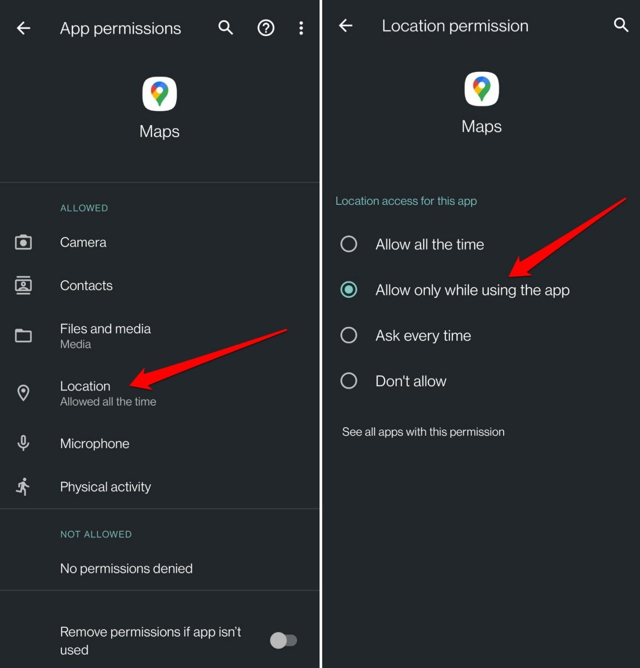 Экран выбора доступа к местоположению для Google Maps