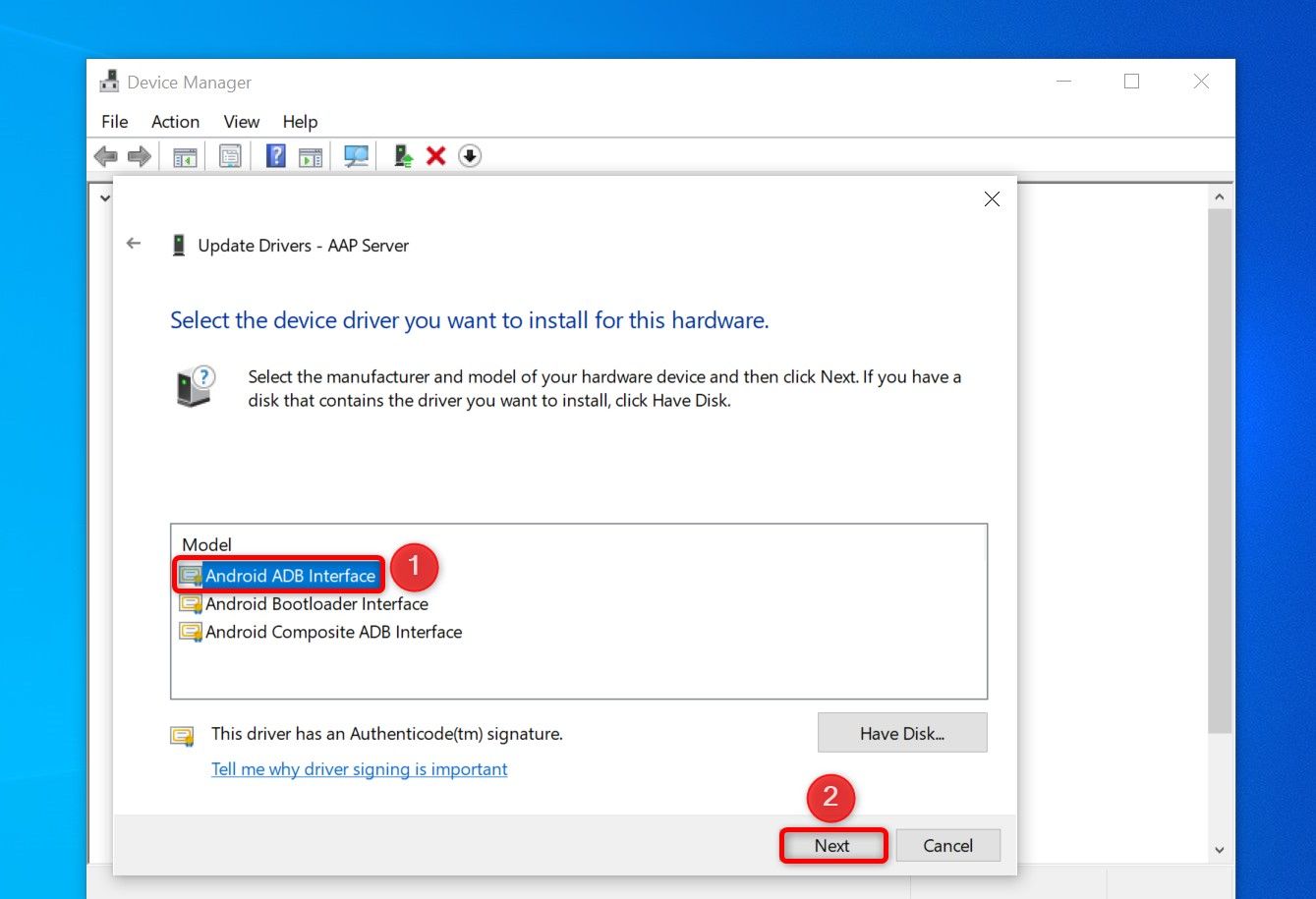 В окне обновления драйверов выделен пункт 