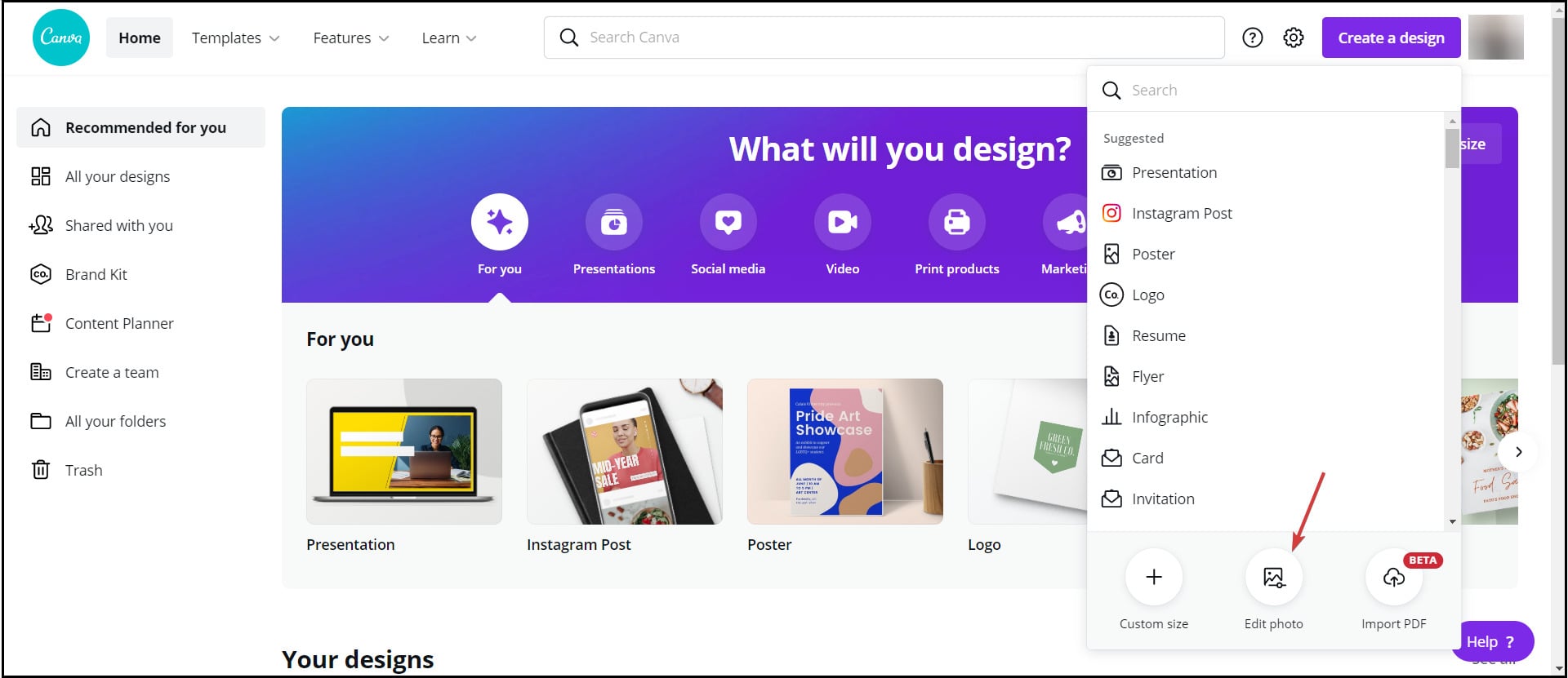 Кнопка Edit photo в Canva