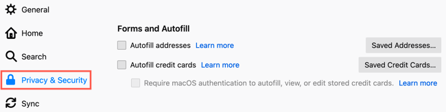 Выбор Приватность и безопасность и переход к Формам и автозаполнению