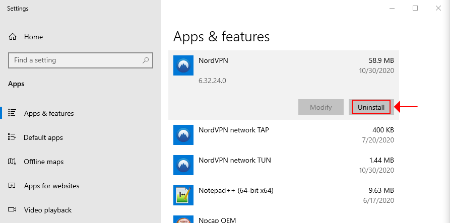 Скриншот удаления NordVPN