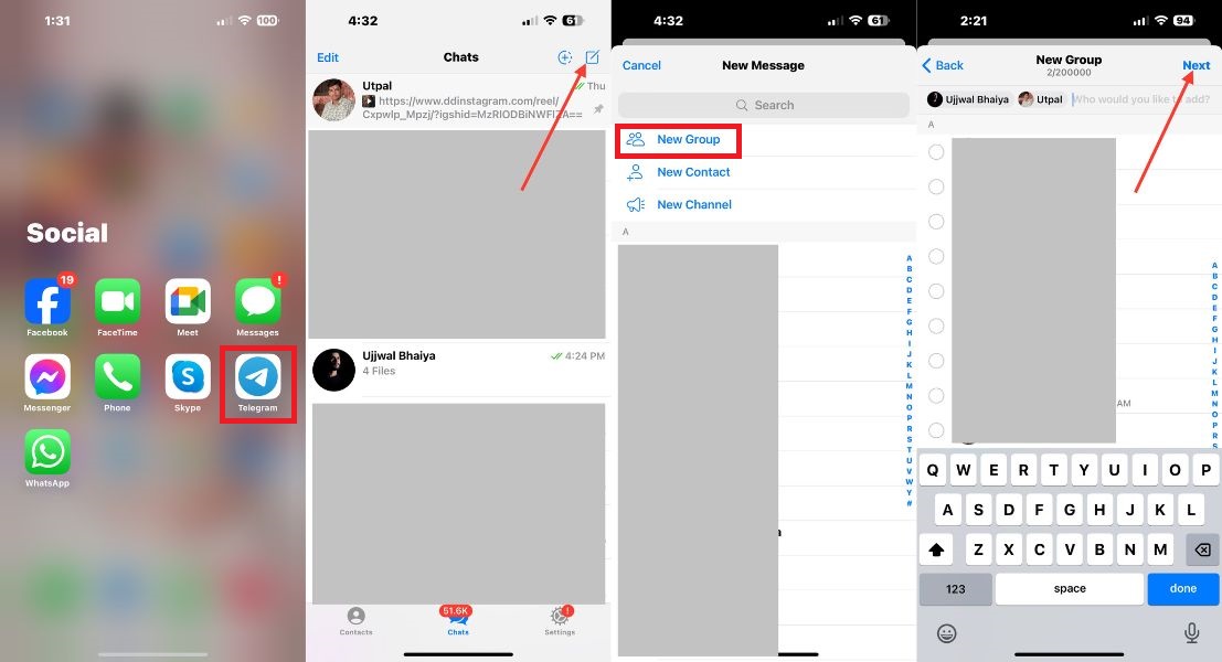 Список чатов Telegram и создание новой группы