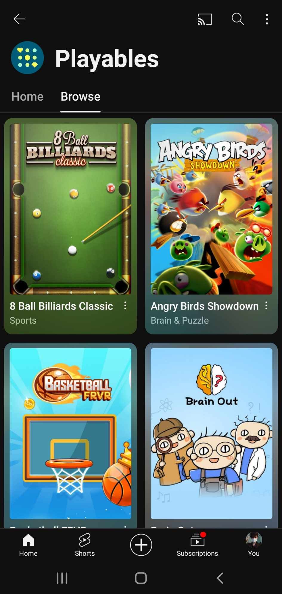 Пример карточек мини‑игр в YouTube Playables