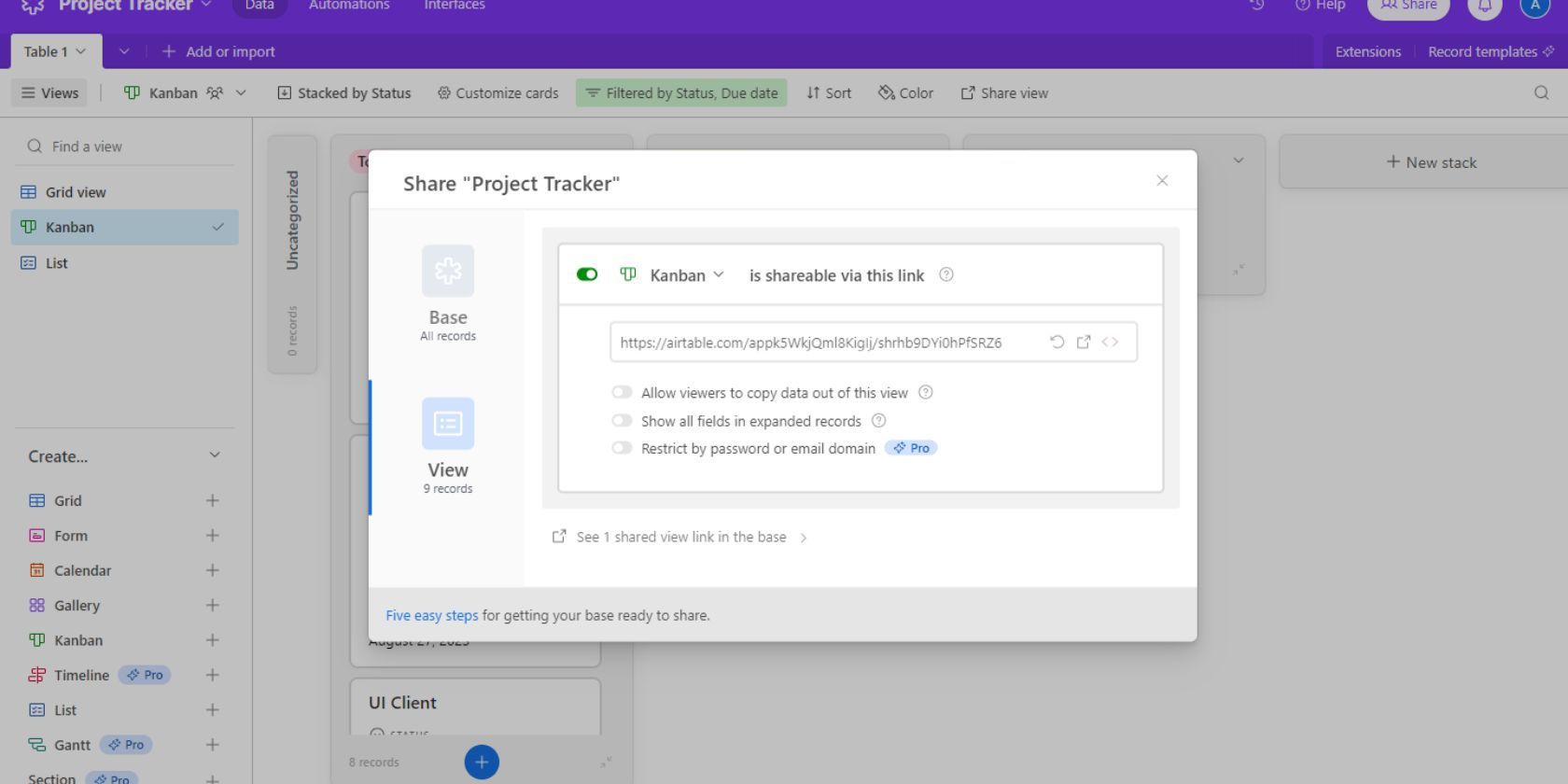 Скриншот Airtable, показывающий создание вида только для чтения