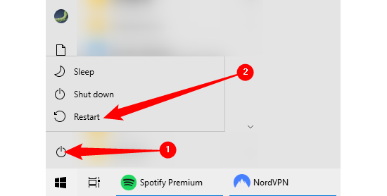 Кнопка питания в меню Пуск — выбор «Перезагрузка»