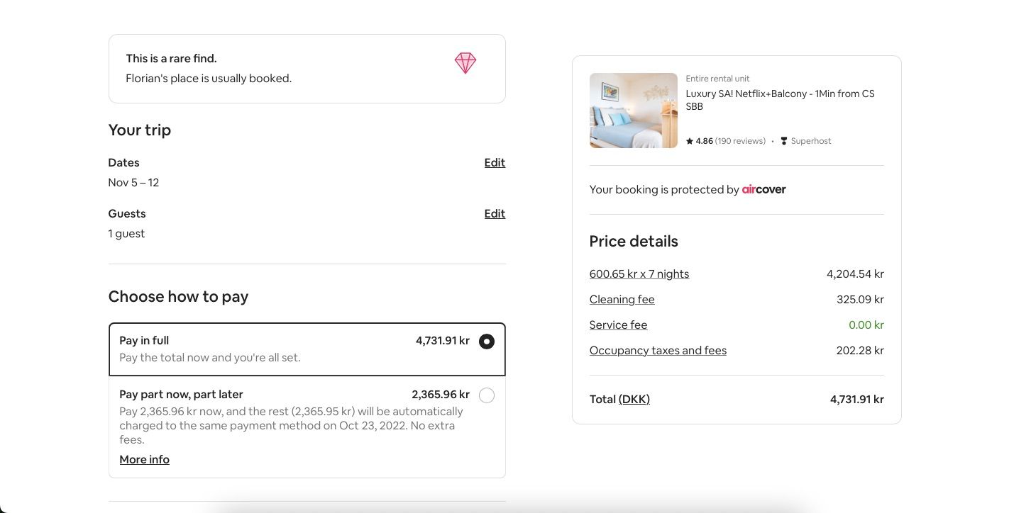 screenshot showing breakdown for airbnb payment type