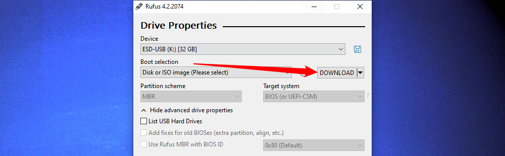 Кнопка 'Download' в окне Rufus.