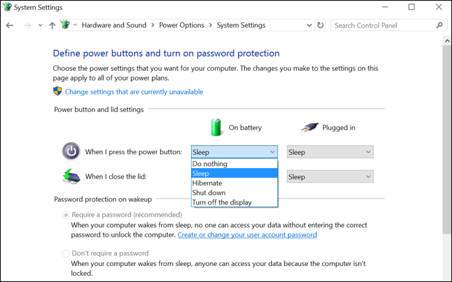 Параметры действий при закрытии крышки и нажатии кнопки питания