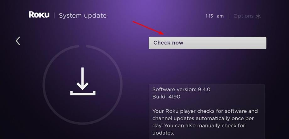Экран Roku: Проверить обновления