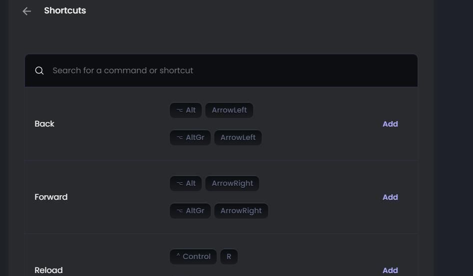 Настройки сочетаний клавиш в Brave