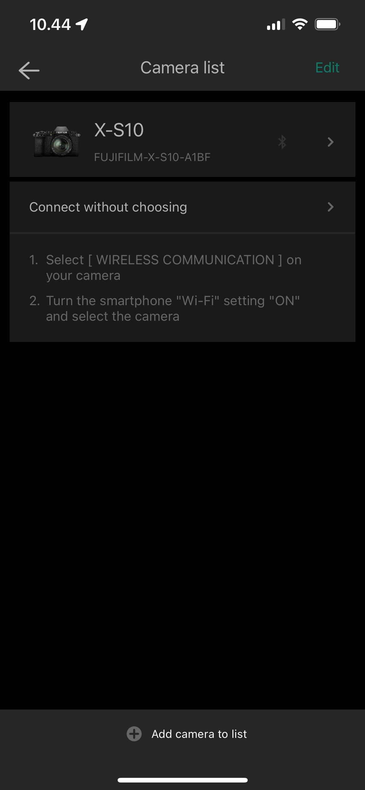 Добавление камеры в список в приложении Fujifilm — скриншот