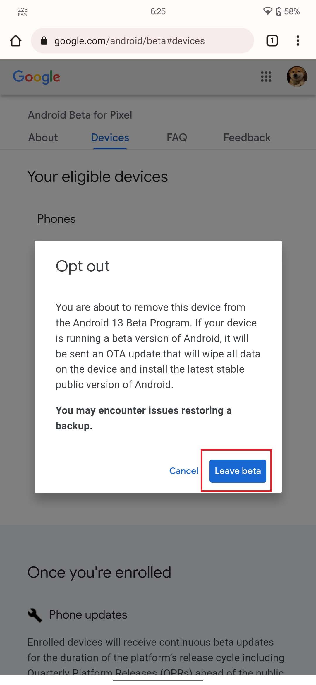 Подтверждение выхода из бета‑программы