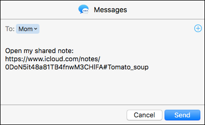Окно сообщения с автоматически вставленной ссылкой на заметку
