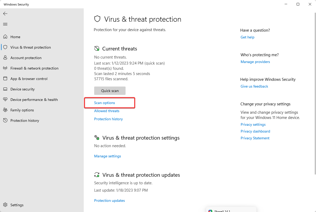Параметры сканирования в Защите Windows