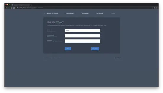 Форма создания аккаунта администратора в установщике Anchor