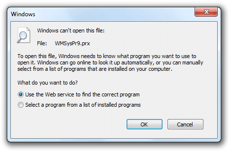 Diálogo del sistema operativo al intentar abrir un tipo de archivo desconocido en Windows