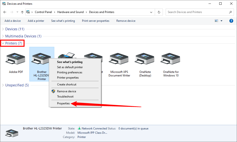 Щёлкните правой кнопкой по значку принтера и выберите «Свойства»