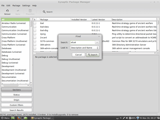 Результат поиска пакета xfce4 в Synaptic
