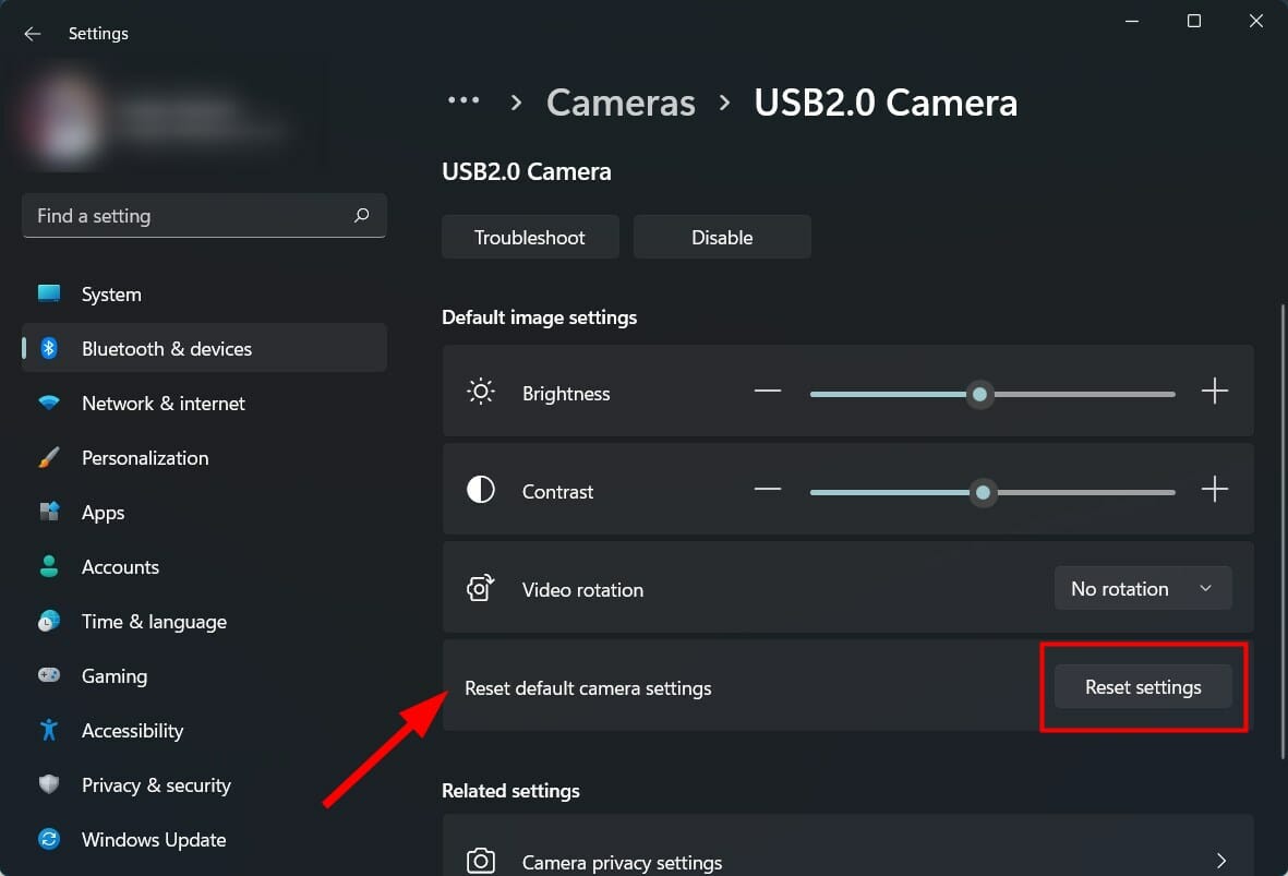 Кнопка сброса настроек камеры в Windows 11