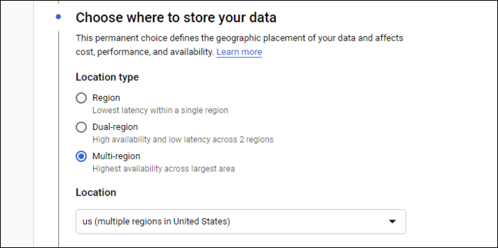 Опции выбора региона при создании бакета