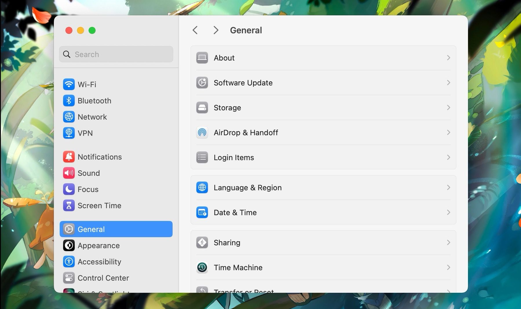 Меню Общие в Системных настройках macOS с пунктом «Общий доступ»