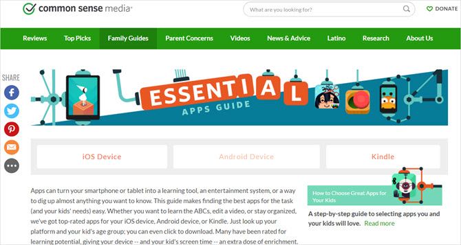 Подбор приложений на сайте Common Sense Media