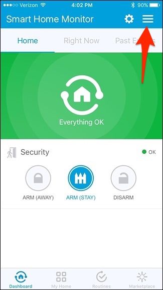Открытие бокового меню в приложении SmartThings