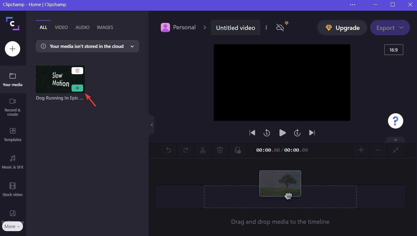 Перетаскивание клипа на таймлайн в Clipchamp