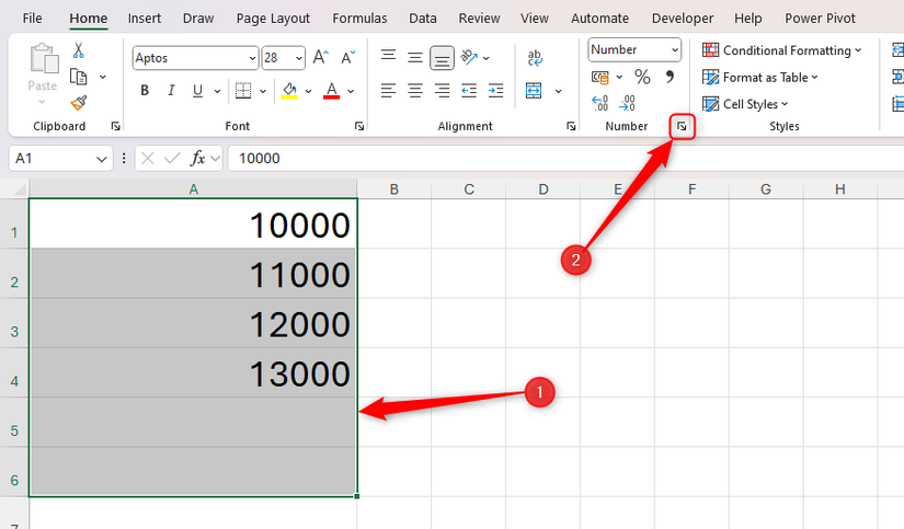 Выделены ячейки, и запущен диалог Формат ячеек через пускатель в группе Число.