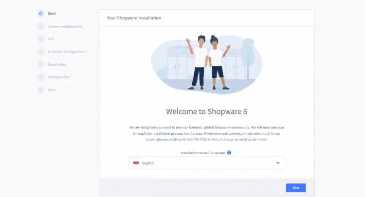 Экран приветствия мастера установки Shopware 6
