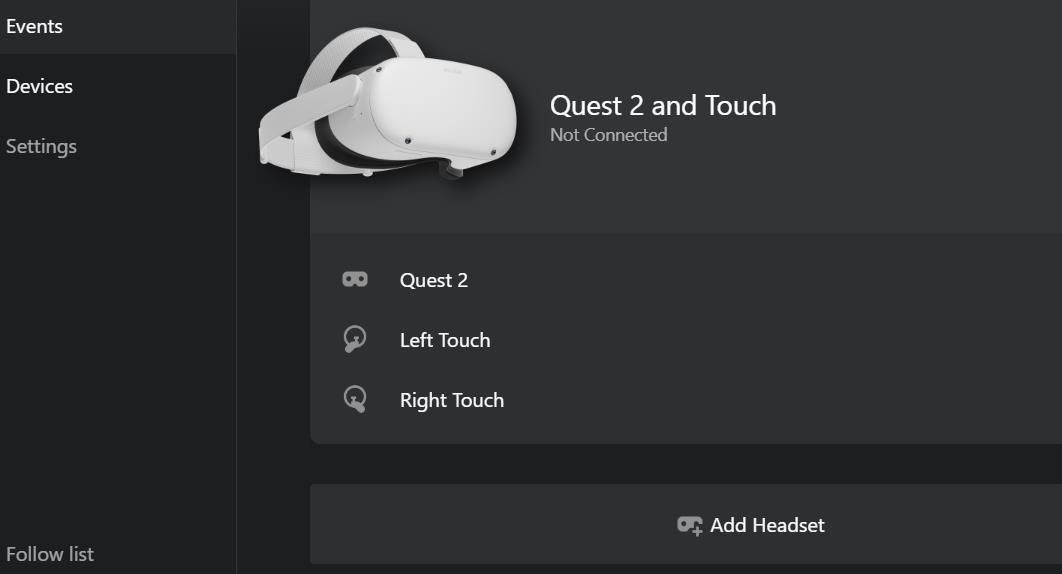Экран с опцией Add Headset в приложении Oculus