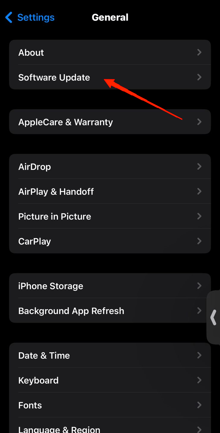 Нажмите «Основные» и выберите «Обновление ПО».