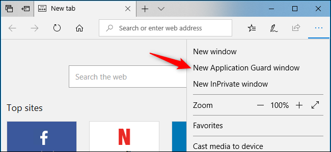 Меню Edge с пунктом New Application Guard Window
