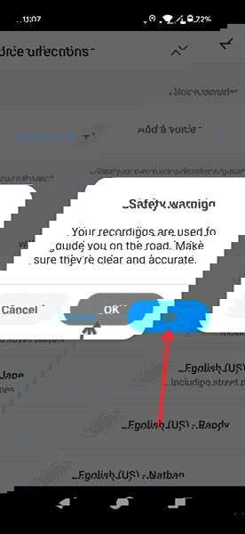 Clicking OK on Safety warning in Waze app.