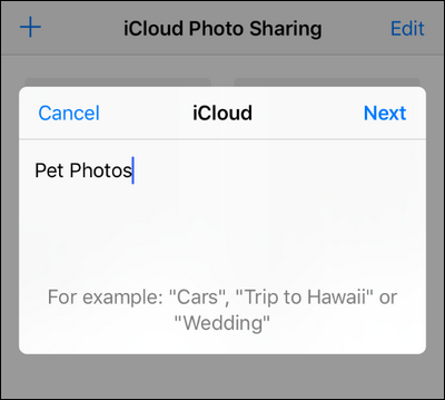 Поле ввода названия альбома в iCloud Photo Sharing