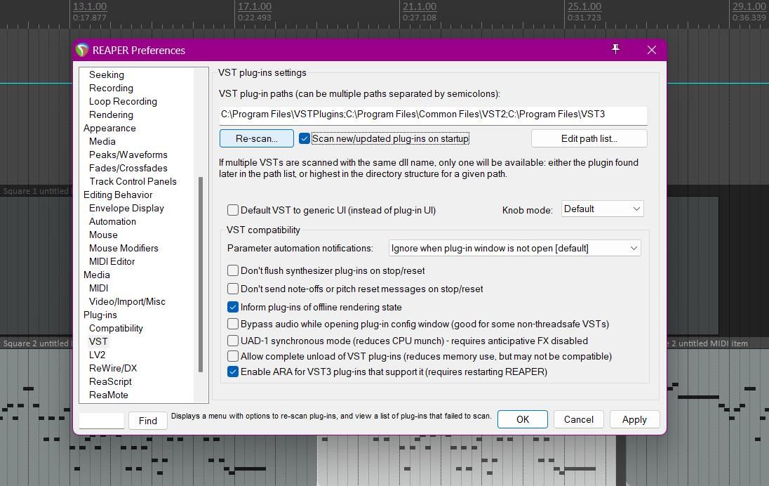 Кнопка повторного сканирования плагинов в REAPER