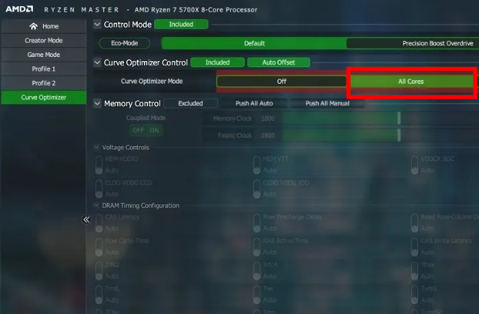Снимок: выбор All Cores в Curve Optimizer